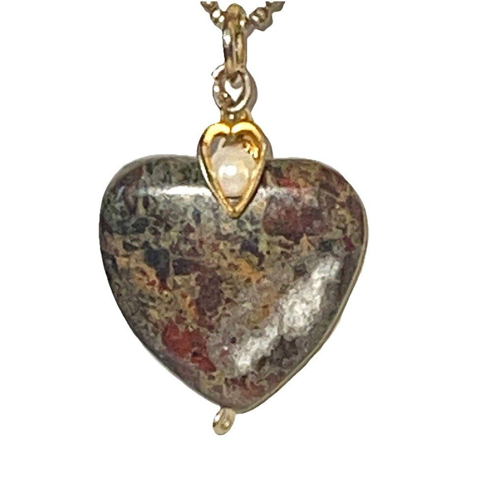 Melinda Maria Chain Moss Agate Heart Stone Necklace Heart Cage Faux Pearl Accent